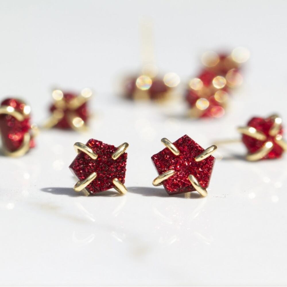 NEW ANTHROPOLOGIE Natural Ruby Red Druzy Stone Gold Earring Studs Jewelry - Picture 8 of 10
